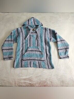 Earth Ragz Teal Gray Striped Baja Hoodie Oversized Drug Rug Mexican Poncho L